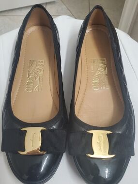 Salvatore Ferragamo Black Quilted Patent Vara Bow Flats with Gold Plate